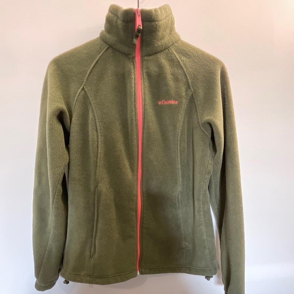 Columbia Women Fleece Jacket Size M Olive Green/Pink Zip Benton Springs Full Zip